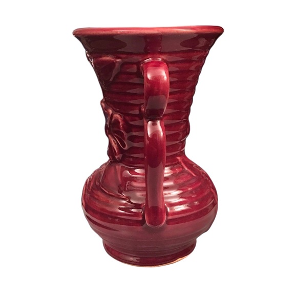 Shawnee Pottery USA Ribbed Daisy Flower Vase Cranberry Red Double Handle 7.5" - Picture 5 of 14
